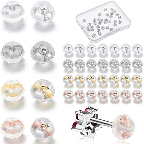 40 Pieces Silicone Earring Backs Replacements Soft Earring Backs with 1 Storage Box, Safety Silver Earring Stoppers Replacement for Studs (Rose Gold, Gold, White Gold, Silver)