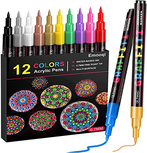 Acrylic Paint Pens,Emooqi Marker Pens for DIY Craft Projects Waterproof Paint Art Marker for Rock Painting, Ceramic, Glass,Canvas,Mug,Wood,0.7mm fine tip (12 PCS)