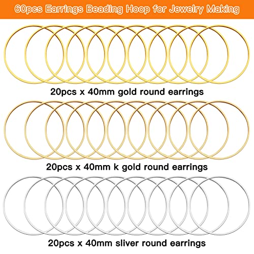 60pcs Earrings Beading Hoop for Jewelry Making,Round Earrings Findings Beading Hoop Earrings Earring Circle Connectors for DIY Craft Jewelry Making,Earring Necklace(40mm,3 Colors)