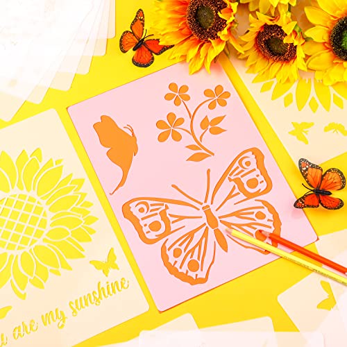 20 Pcs Large Spring Sunflower Stencils for Painting Reusable A4 Size Flower Butterfly Summer Stencils for Painting on Wood Wall Stencils for Crafts Plastic Template for Art Decor 11.7 x 8.3 Inch