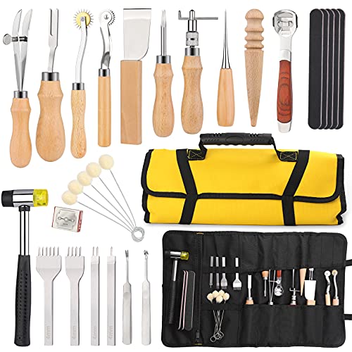 Leathercraft Hand Tools Kit, Leather Working Tools with Leather Prong Punch, Leather Hammer, Stitching Groover, Leather Skiver, and Other DIY Leather Craft Tools for Leather Making Projects