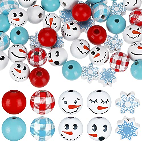 160 Pieces Christmas Wooden Beads Snowman Wooden Beads Snowflake Wood Beads Christmas Beads for Crafts Plaid Wood Beads for Farmhouse DIY (Red, Blue, Red and White, Blue and White,Abstract Style)