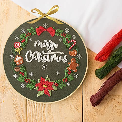 Santune 4 Pack Embroidery kit with Patterns and Instructions for Beginners Cross Stitch Kits for Adults,with 4 Embroidery Clothes with Pattern,Embroidery Hoops, Color Threads and Needles (C-Christmas)