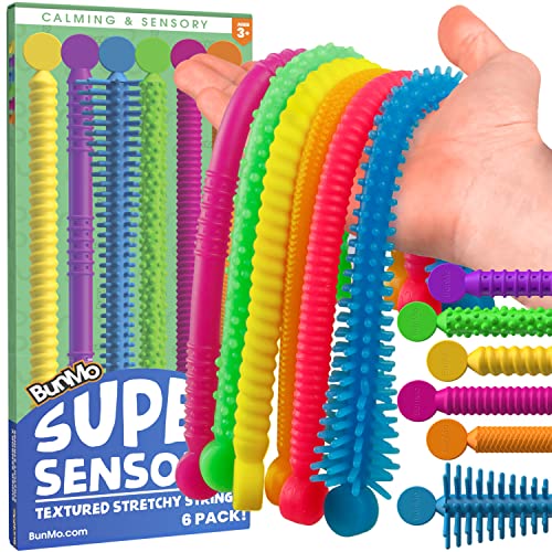 BUNMO Super Sensory Stretchy Strings 6pk | Calming & Textured Monkey Noodles | Sensory Toys for Autistic Children | Stress Relief & Anxiety Toys for Kids