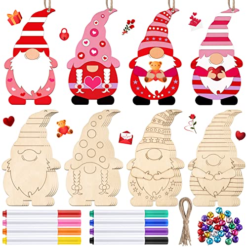 Unfinished Wooden Valentine's Day Gnome Ornaments Include Blank Gnome Cutout Hanging Slices, Colored Marker, Bells for Kids Xmas Tree DIY Craft Painting All Festival (40 Sets)