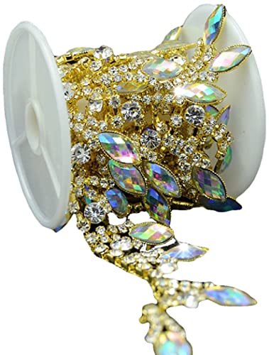 De.De. 1 Yard AB Resin Crystal Applique Rhinestone Bridal Trim Fashion Chain Fringe Embellishment Gold
