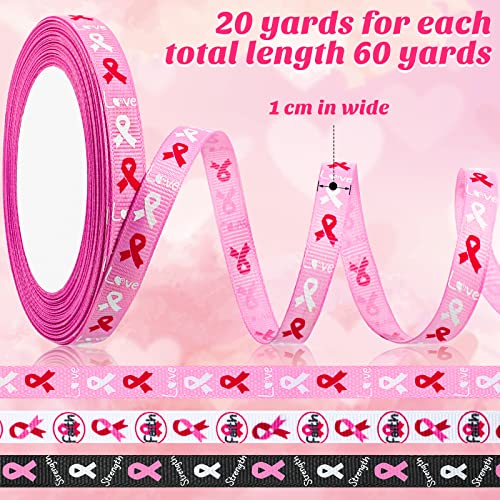 Dingion 60 Yards 3 Rolls Breast Cancer Ribbon with Words Love Faith Strength Awareness Wired Decoration for Party DIY Crafts Gift Wrapping, Styles, Colors, White