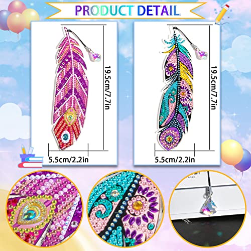 2 Pieces DIY Diamond Drawing Feather Bookmarks 5D Diamond Drawing Bookmarks Feather Bookmarks Floral Rhinestone Bookmarks Acrylic Art Bookmarks Adult Kids Craft Supplies