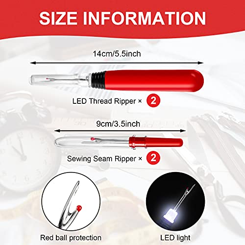 Seam Ripper Tool with Light Kit 2 Piece Large LED Seam Ripper (Batteries Included) and 2 Piece Small Sewing Thread Remover Sewing Stitch Rippers Cutter Opener Illuminate Sewing Accessories (Red)