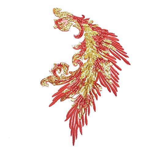 Sequins Embroidery Phoenix Peacock Feather Tail Applique Sewing Patches for Cloth Wedding Stage Accessories (red)