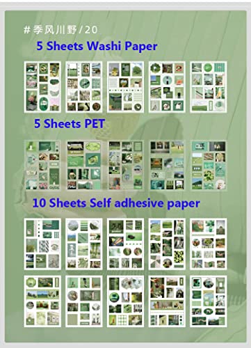 Small Cute Green Junk Journal Supplies Handbook Stickers ,20 Sheets Self-Adhesive Washi Paper+ PVC Letter Stickers Nature Planner Stickers Aesthetic for Art Journaling Collage Craft Notebooks Album Crafter Gifts(Green Monsoon)