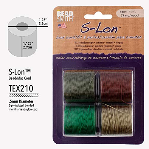 Beadsmith S-Lon #18 Cord, Multipack with 4 Spools (Earth Tones Mix), Ideal for Stringing Beading Crochet and Micro-macramé Jewelry