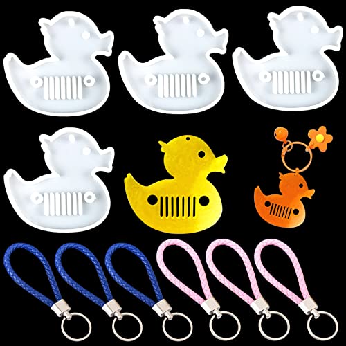 GeoGeoDIY 4 Pcs Duck Shape Silicone Resin Molds with 6 Pcs Weave Keyrings, Silicone Epoxy Resin Molds with Hole for DIY Keychain Necklace Pendant, Clay Crafts, Fondant Chocolate Candy Cake Decoration