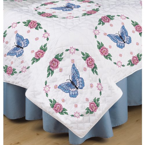 Tobin Butterfly/Rose Stamped for Embroidery Quilt Blocks, White