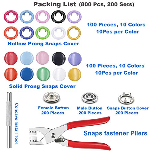 EuTengHao 804Pcs Snap Fasteners Tool Kit Hollow and Solid Metal Prong Snaps Buttons with Setting Tool for Clothing Crafting Sewing,Leather Snaps Buttons for Jeans Wears Bags(200 Sets,10 Colors,9,5mm)