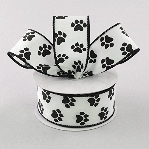 White Satin with Black Paw Prints 1.5" Wired Paw Print Ribbon 10 Yards / 30 Feet of 1.5 Inch Wire Edged Paw Print Ribbon