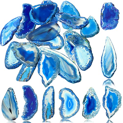 16 Pieces Polished Agate Slices Drilled Agate Pendants Natural Agate Stone Slices Colorful Irregular Agate Slices for Craft Windbell DIY Jewelry Making (Blue)