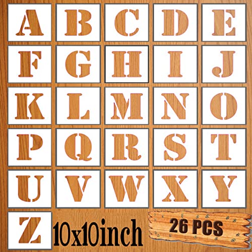 LYPER 10x10Inch Letter Stencils Set, 26Pcs Plastic Reusable Scale Spraying Alphabet Stencils Learning Templates for Painting on Wood Wall Home Decor,DIY Craft Projects,Family Names
