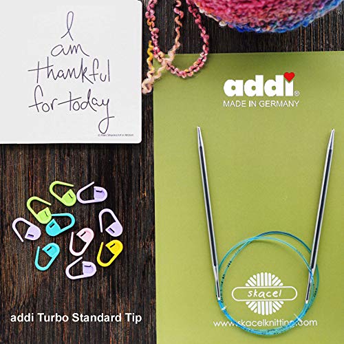 addi Turbo Original 20 inch (50cm) US 01 (2.5mm) Circular Knitting Needle Slick & Smooth Finish, Standard Taper & Tips, Smooth Joins, Blue Pliable Cord Bundle with 10 Artsiga Crafts Stitch Markers