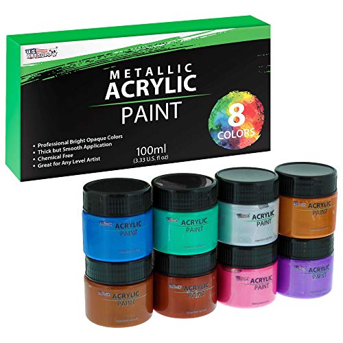 U.S. Art Supply 8 Color Metallic Acrylic Paint Jar Set 100ml Bottles (3.33 fl oz) - Professional Artist Bright and Vivid Pearlescent Metallic Colors great for Acrylic Pouring shimmer effects