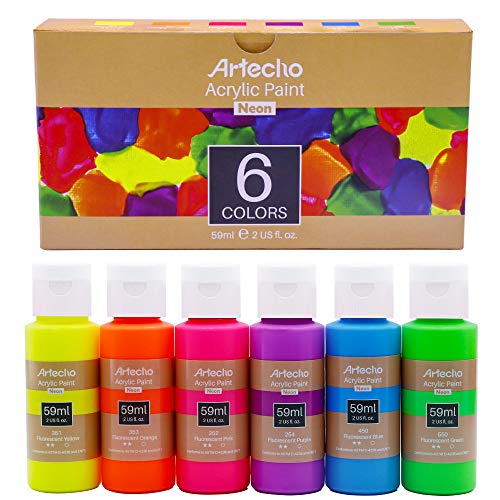 Artecho Neon Paint - Set of 6 Colors, 59 ml / 2 oz Acrylic Paint for Decoration, Art Painting, Outdoor and Indoor Art Craft, Supplies for Canvas, Rock, Wood, Fabric, Waterproof, Rich Pigments for Adults, Students, Kids