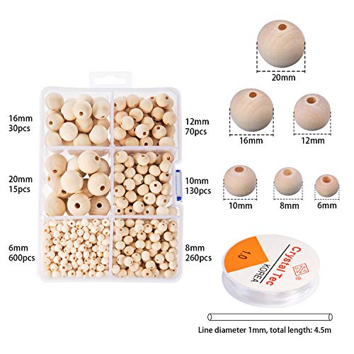 1105 Pcs Wooden Beads Wooden Round Ball Natural Round Unfinished Wood Beads Loose Beads Wood Spacer Beads for Craft Making Decorations and DIY Crafts, 6 Sizes (6 mm/ 8 mm/ 10 mm/ 12 mm/ 16 mm/ 20 mm)