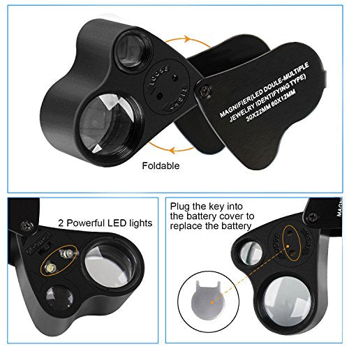 JARLINK 2 Pack 30X 60X Illuminated Jewelers Eye Loupe Magnifier, Foldable Jewelry Magnifiers with Bright LED Light for Gems, Jewelry, Coins, Stamps, etc (Black)