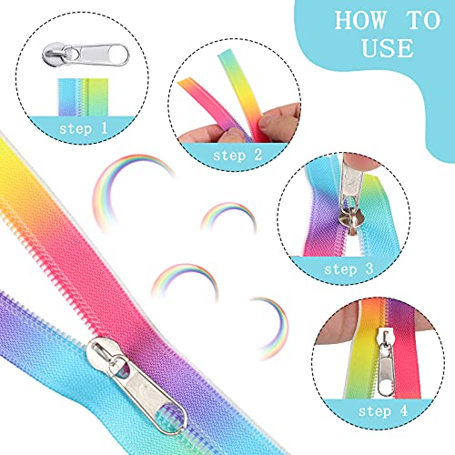 2 Rolls Number 5 10 Yards Nylon Coil Zippers and 20 Pieces Silver Zipper Pulls Rainbow Color Coil Zipper by The Yard Long Zippers Metal Zipper Sliders Zipper Pull Replacement for Tailor Sewing Crafts