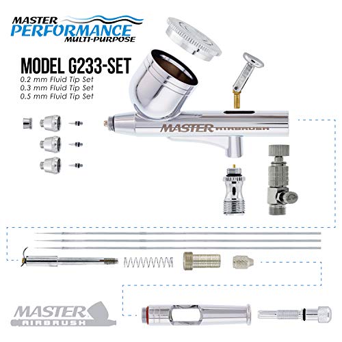 Master Airbrush Master Performance G233 Pro Set with 3 Nozzle Sets (0.2, 0.3 & 0.5mm Needles, Fluid Tips and Air Caps) - Dual-Action Gravity Feed Airbrush, 1/3 oz Cup, Cutaway Handle - How-to-Guide