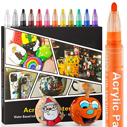 Acrylic Paint Pens Markers -12 Color Waterproof Paint Pens for Rock Painting,Graffiti, Stone, Ceramic, Glass, Wood, Fabric, Canvas, Porcelain, Metal,Water Based Quick Dry Non-Toxic and No Odor