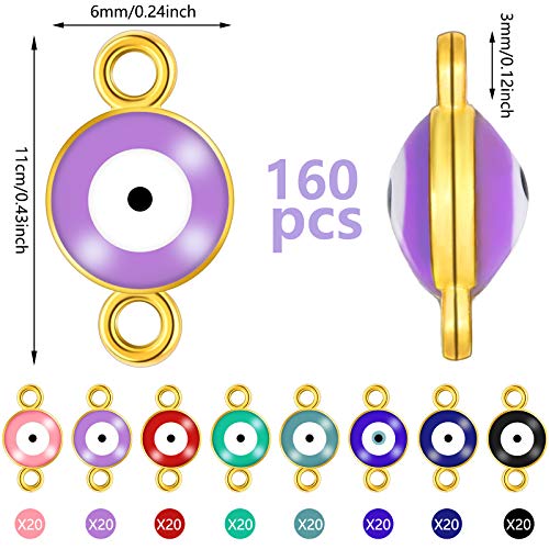 160 Pieces Acrylic Evil Eye Beads DIY Craft Charms Jewelry Making Pendants with Double Hook for DIY Bracelet Necklace Supplies, 8 Assorted Colors (Gold Hook)