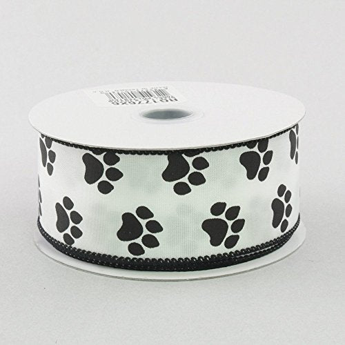 White Satin with Black Paw Prints 1.5" Wired Paw Print Ribbon 10 Yards / 30 Feet of 1.5 Inch Wire Edged Paw Print Ribbon