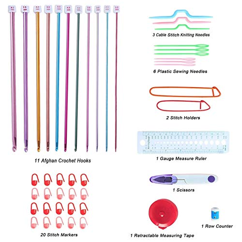 Teamoy Aluminum Tunisian Crochet Hooks Set, Afghan Kits with Case, 11pcs 2mm to 8mm Afghan Hooks and Accessories, Compact and Easy to Carry, Blue Cats