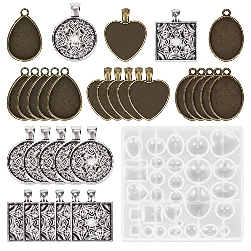 Souarts 30Pcs Pendant Silicone Molds Set, Round Square Heart Teardrop Oval Pendants with 1Pc Silicone Resin Molds, for Pendant Earring Necklace Keychain Resin Crafting DIY Jewelry Gifts Making