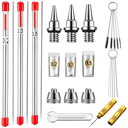 21 Pieces Airbrush Nozzle Cap Kit Airbrush Needle Replacement Parts Airbrush Needles with Wrench and Airbrush Cleaning Kit Replacement Part for Airbrush Sprayer Accessories, 0.2/0.3/0.5 mm