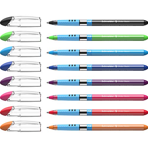 Schneider Slider Basic XB (Extra Broad) Ballpoint Pen, 1.4 mm, Transparent Barrel, Assorted Ink Colors, Pack of 8 Pens (151298)