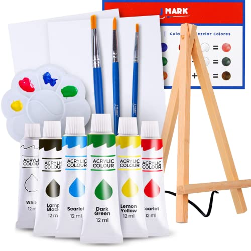 J MARK Art Canvas Paint Set Supplies – Mini Canvas Acrylic Painting Kit with Wood Easel, 6x8 inch Canvases, Non Toxic Washable Paints, Brushes, Palette and Color Mixing Guide