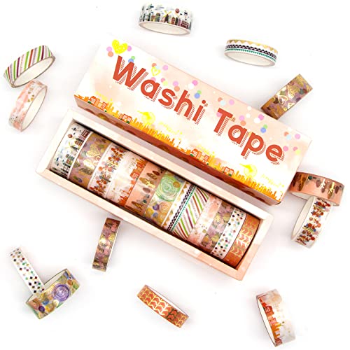 Gold Foil Washi Tape Set 12 Rolls - Blooming Masking Tape, Decorative Tape for Bullet Journals Supplies, Gift Wrapping, DIY Crafts, Scrapbooking, Planners