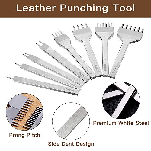 Akamino 8 Pieces Leather Chisel Set - 4mm 1/2/4/6 Prong and 6mm 1/2/4/6 Prong Leather Craft Kits Metal DIY Diamond Lacing Stitching Leather Hole Tooth Punches for Craft Supplies