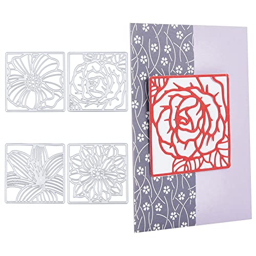 ORIGACH 4 Pcs Square Flower Frame Cutting Dies Floral Card Fronts Die Cuts Embossing Stencils Template Mould for Card Making DIY Scrapbooking Greeting