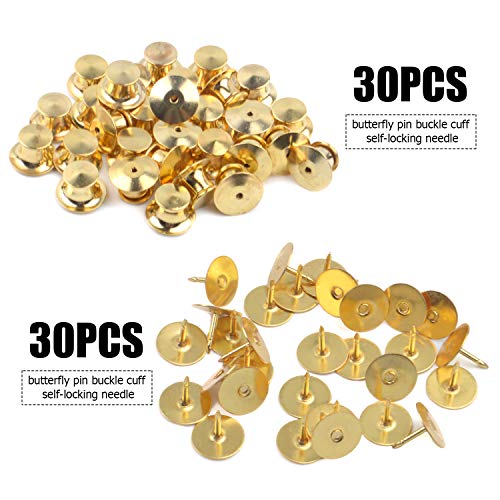 Aylifu Tie Tacks and Clutch Backs Set, 30 Pieces Metal Pin Backs Locking Pin Keepers with 30 Pieces 10mm Tie Tacks Blank Pins (Gold)- No Tool Required