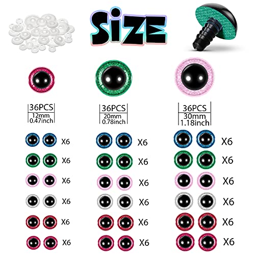 108 Pieces Glitter Large Safety Eyes for Amigurumi 12 mm 20 mm 30 mm Stuffed Animal Eyes Plastic Craft Crochet Eyes for DIY of Puppet, Bear Crafts, Toy Doll Making Supplies