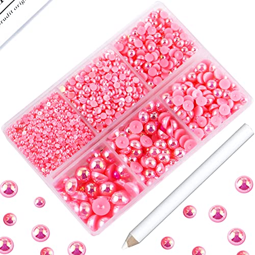 Briskbloom 3600PCS Half Pearls for Crafts, Pink AB Flatback Pearls for Scrapbooking Tumblers, Mixed Sizes 2mm 3mm 4mm 5mm 6mm 8mm Round Half Pearls for Christmas Decoration, Imitation Loose Pearls