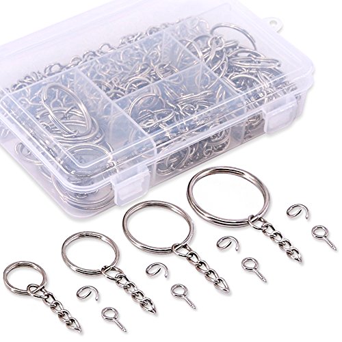 Swpeet 300Pcs Key Chain Rings Kit, 100Pcs Keychain Rings with Chain and 100Pcs Jump Ring with 100Pcs Screw Eye Pins Bulk for Jewelry Findings Making - 3/5 Inch, 4/5 Inch, 1 Inch, 6/5 Inch (Sliver)