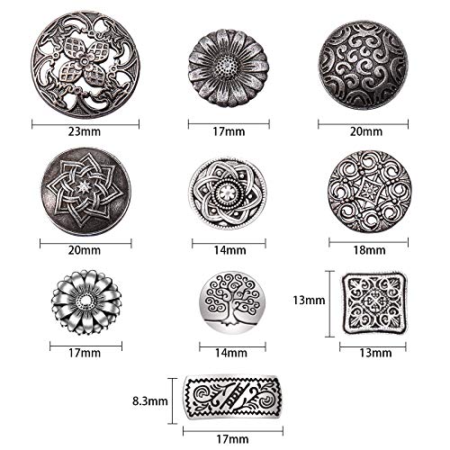 100 Pieces Metal Silver Buttons Antique Silver Color Assorted Metal Buttons Flower Decorative Metal Buttons Mixed Vintage Metal Round Buttons for DIY Crafts Sewing Decor