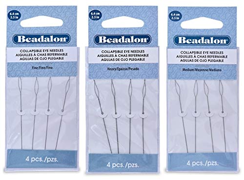 3 Packs - Beadalon Collapsible Eye Needles 2.5 Fine, Medium & Heavy - 4pcs/pk - Total 12 Needles (in Rigid Pak TM Mailer)