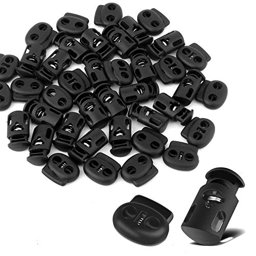 ERKOON 40 Pieces Plastic Cord Locks End Spring Stopper Fastener Slider End Spring Stop Toggle for Draw String Bags (20 Pieces Double-Hole, 20 Pieces Single-Hole, Black)