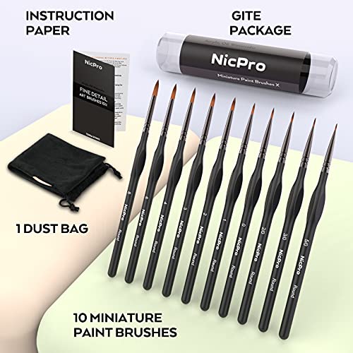 Nicpro Micro Detail Paint Brush Set,10 Small Professional Miniature Fine Detail Brushes for Watercolor Oil Acrylic, Nail Art, Models Rock Painting kit, Figures, Paint by Number -Come with Holder & Bag