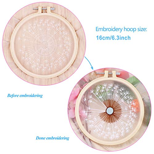 KISSBUTY Full Range of Embroidery Starter Kit with Pattern, Cross Stitch Kit Including Clear Organza Stamped Embroidery Fabric with Pattern,Plastic Embroidery Hoop,Color Threads, Tools(Dandelion)