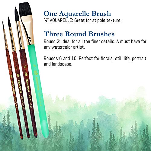 Princeton Neptune Watercolor Brushes 4750 Series - 4pc Soft Synthetic Squirrel Watercolor Brush Set - Aquarelle 3/4 inch - Round 2 - Round 6 - Round 10 - Artist Paint Brushes - Paint Brush Set